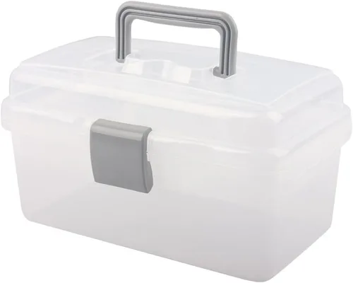 Caja de almacenamiento de plástico multiusos con asa y cerradura de pestillo, gris transparente Transparente/Gris