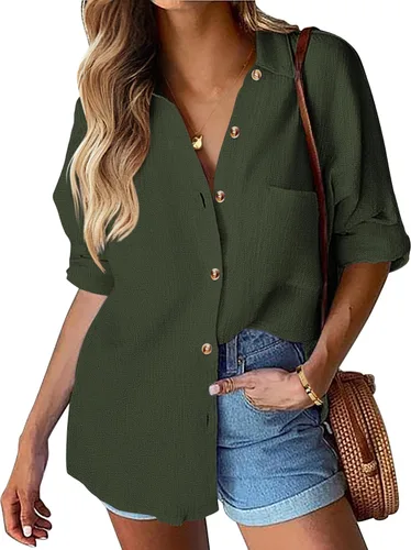Miniatura 14 de HOTOUCH Camisa de manga larga con botones de lino para mujer, blusa de algodón casual, holgada, con cuello, para trabajo, de gasa, con bolsillo