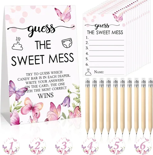 Miniatura 8 de Juego de 67 piezas de pañales sucios de Guess The Sweet Mess para baby shower, incluye letrero de Adivina el dulce lío, 50 tarjetas pequeñas, 10