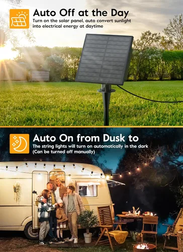 Miniatura 5 de Minetom Tira de luces solares de 34 pies para exteriores con control remoto, luces de patio con 10 bombillas LED inastillables y ganchos, enchufe