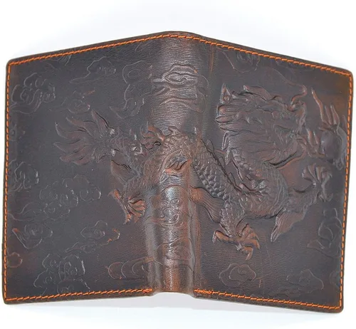 Miniatura 2 de Cartera de cuero genuino marrón para hombre con tarjetero de crédito patrón de dragón M, Estilo vertical, Funda tipo cartera para tarjetas