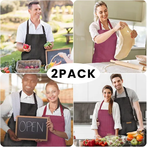 Miniatura 7 de BeLuyi - Paquete de 2 delantales ajustables con peto, delantales de chef para cocina, restaurante, con 2 bolsillos, delantales para mujeres