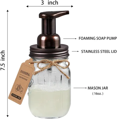 Miniatura 3 de Amolliar Mason Jar - Juego de accesorios de baño (4 unidades), dispensador de jabón espumoso y soporte para cepillo de dientes, decoración rústica