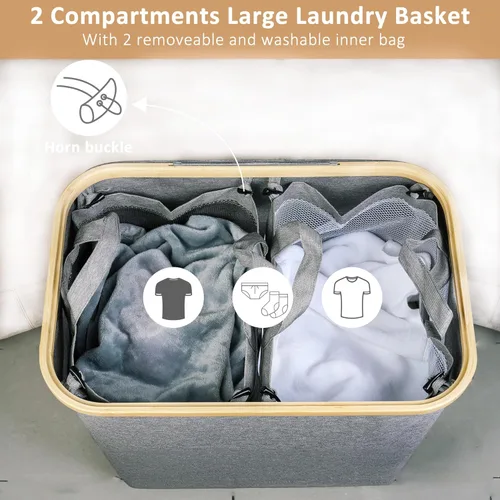 Miniatura 3 de iEGrow - Canasta de lavandería de 150 litros con tapa - Gran canasta de lavandería con asas de bambú, color gris, cestas para lavandería, cesta