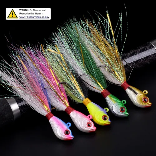 Miniatura 7 de Bucktail Jigs Señuelos de agua salada, 3/5 piezas de jigs de pelo de cola de cubo para la cabeza, señuelos de pesca, kit surtido para lubina