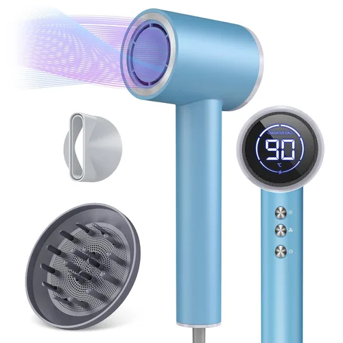 Miniatura 10 de Secador de pelo iónico de 1600 W con pantalla LED y boquilla magnética, portátil para mujeres, viajes, salón, hogar, blanco crema, HC03