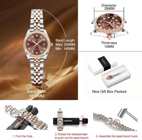 Miniatura 6 de Reloj clásico para mujer con banda de acero inoxidable sólido, reloj de vestir para mujer, reloj con calendario