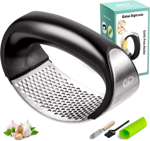 Prensador basculante de ajo, triturador, herramienta picadora de acero inoxidable con pelador de ajo, espátula y cepillo para extraer más pasta de