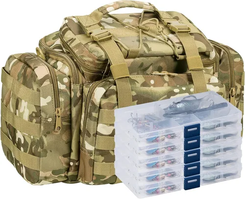 Miniatura 10 de Dr.Fish Bolsa de aparejos de pesca 5 cajas con 60 señuelos incluidos Juego de caja de aparejos cargada y equipada Set de señuelos giratorios Equipo