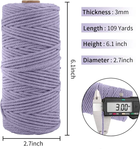 Miniatura 2 de Cuerda de macramé de algodón natural grueso de 3mm x 109 yardas, cuerda de algodón torcido de 4 hebras para macramé suave de color natural hecho a