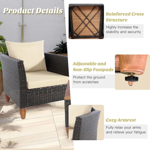 Miniatura 8 de RELAX4LIFE Juego de muebles de patio de 3 piezas de ratán para conversación al aire libre, con asientos acolchados y mesa de mesa de madera