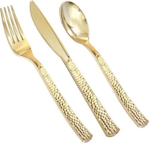 Miniatura 20 de Supernal 180 cubiertos de plástico dorado, utensilios de plástico desechables resistentes, juegos de cubiertos desechables dorados incluyen 60