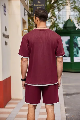 Miniatura 47 de COOFANDY Conjunto de camisa y pantalones cortos de gofre para hombre, conjunto de 2 piezas, conjunto casual de verano con bolsillos