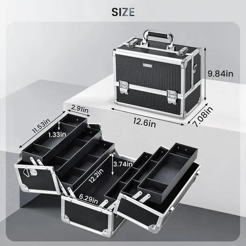 Miniatura 5 de FRENESSA Estuche de maquillaje de 12.6 pulgadas, organizador de cosméticos grande, almacenamiento de viaje, estuche de transporte profesional