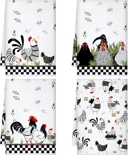 Miniatura 9 de Geyoga 4 toallas de cocina de pollo, gallo, toallas de mano con animales de granja, vaca, vintage, rústico, paño de té para primavera, Pascua, baño