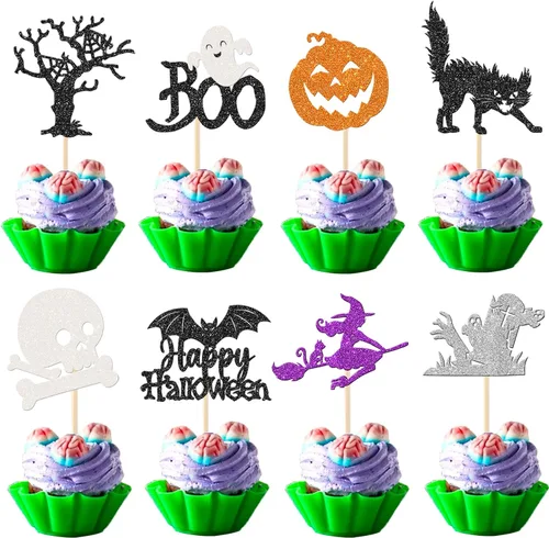 Miniatura 10 de Rsstarxi Paquete de 36 adornos para cupcakes de Halloween, murciélagos con purpurina, palitos de calabaza y calabazas, sombrero de bruja