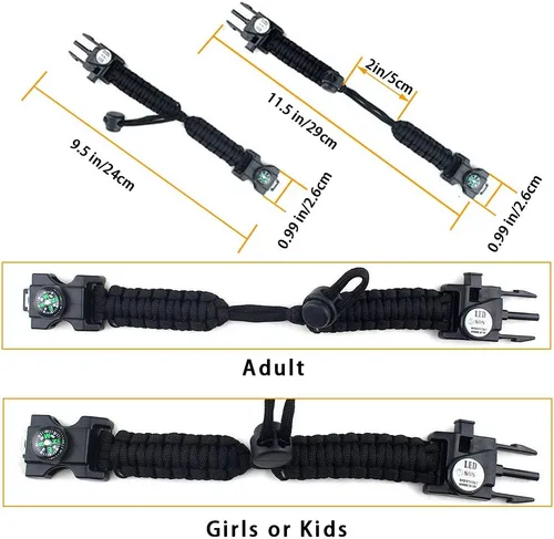 Miniatura 6 de Brazalete de supervivencia con paracord, iniciador de fuego, luz SOS impermeable, brújula, silbato, AK87 ajustable 20 en 1, juego de supervivencia