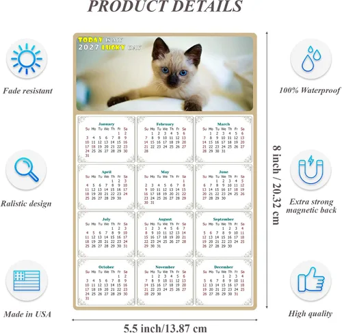 Miniatura 3 de Calendario magnético 2026 – Imanes del calendario – Today is my Lucky Day – Resistente a la decoloración, desgarros y agua – Temático de gato 013