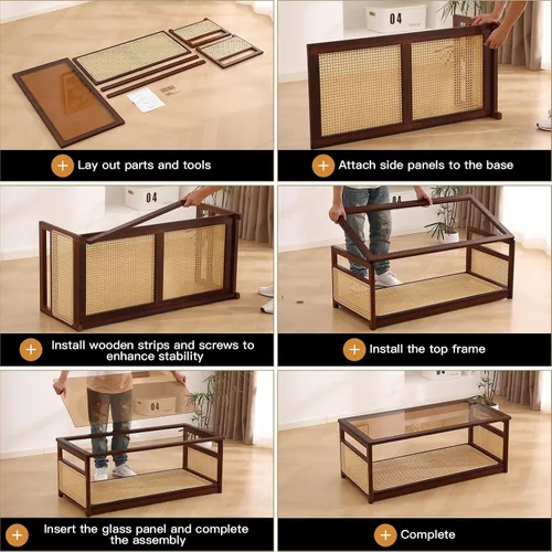 Miniatura 7 de Welnow Mesas de centro de ratán para sala de estar, moderna mesa de centro de 2 niveles, mesa de centro rectangular de mediados de siglo con estante