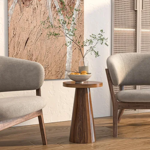 Miniatura 3 de Mesa auxiliar redonda acanalada, pedestal pequeña para sala de estar, mesita de noche moderna de mediados de siglo, mesitas de noche de madera