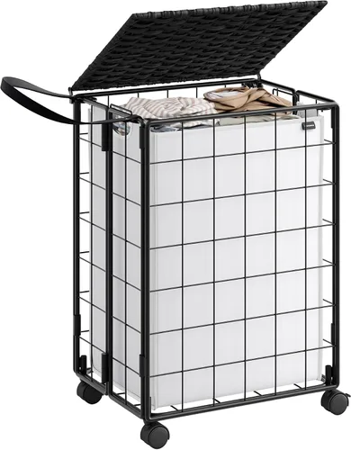 SONGMICS Cesta de lavandería de 90 litros con tapa, cesta de ropa con ruedas, bolsa de forro extraíble plegable, clasificador de ropa hecho en