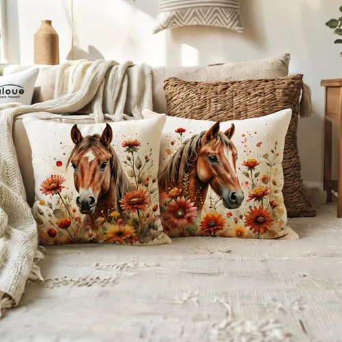 Miniatura 4 de ULOVE LOVE YOURSELF Paquete de 4 fundas de almohada de caballo con flores silvestres, fundas de almohada de caballo en acuarela rústica para Marrón