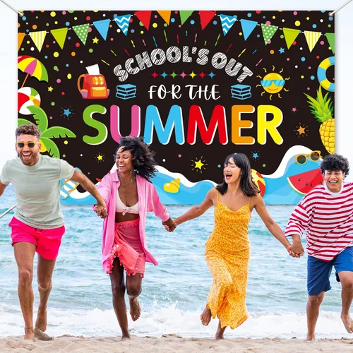 Miniatura 4 de Telón de fondo temático de fin de año escolar para clase de verano, fin de año escolar, pancarta temática para playa tropical, piscina, fiesta
