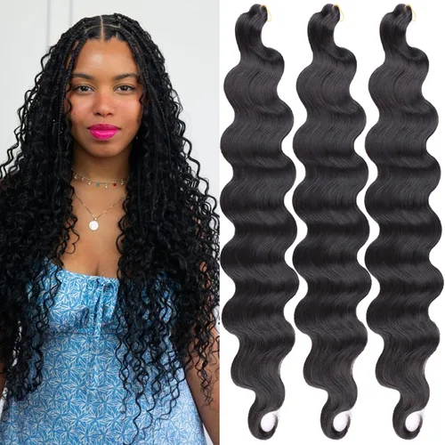 Miniatura 10 de Unionbeauty - Cabello trenzado ondulado de 18 pulgadas, paquete de 3 unidades, cabello trenzado preemplumado, trenzas bohemias negras para trenzas