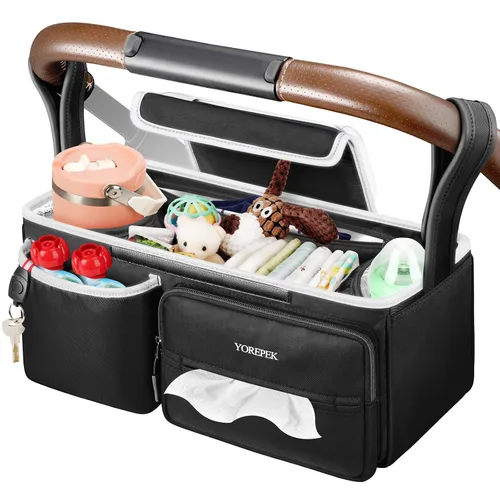 YOREPEK Organizador de cochecito espacioso para UPPAbaby Vista/Minu/Cruz, organizador ajustable con 2 portavasos aislados, bolsa de cochecito fácil