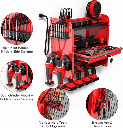 Miniatura 4 de KSVO Organizador de herramientas eléctricas para montaje en pared con estante de taladro y cajones de bloqueo, estante de herramientas de metal Rojo