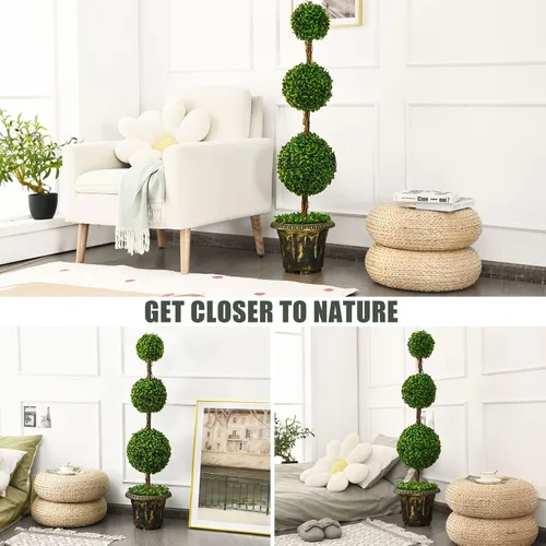 Miniatura 7 de Árbol artificial de boj de 4 pies, bolas triples Topiary en maceta de plástico rellena de cemento, plantas sintéticas para porche delantero, sala