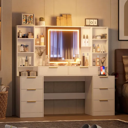 Miniatura 4 de FURNJOYLIFE Escritorio grande de maquillaje con espejo iluminado y toma de corriente, tocador con 3 modos de iluminación ajustable, cajones