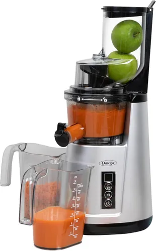 Omega Extractor de Jugos de Boca Ancha Compacto Vertical de Prensado en Frío para Vegetales y Frutas con Tolva de 3 Pulgadas, 2 Velocidades de