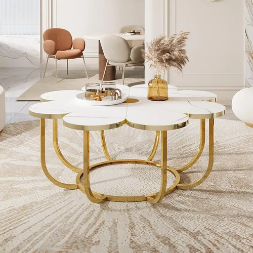Miniatura 7 de Tribesigns Mesa de centro blanca y dorada, pieza central moderna de 39.37 pulgadas con mesa de mármol sintético en forma de flor y marco de metal