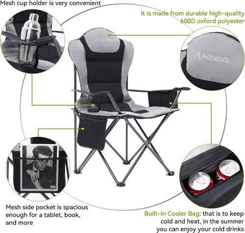 Miniatura 4 de Aohanoi Sillas de campamento para personas pesadas, sillas de campamento plegables para exteriores para adultos con portavasos y bolsa enfriadora