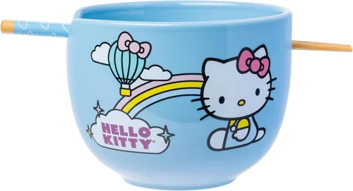 Miniatura 21 de Silver Buffalo Sanrio Hello Kitty Tazón de cerámica para ramen y arroz con diseño de flores, con palillos, apto para microondas, 20 onzas