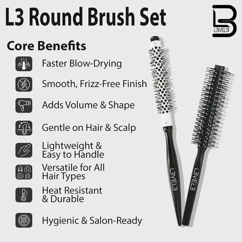 Miniatura 3 de L3 Juego de cepillos redondos – Blowouts, cepillos profesionales para el peinado del cabello para volumen, rizos y acabado suave – barril resistente