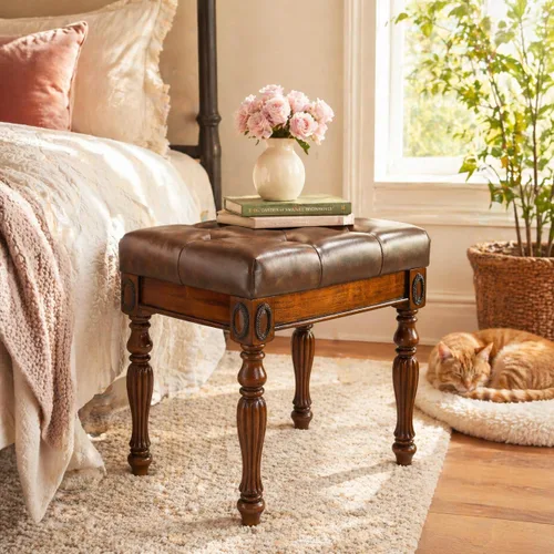 Taburete de tocador de madera maciza con tapizado, banco de piano de mediados de siglo con patas talladas, taburetes de maquillaje con asiento de