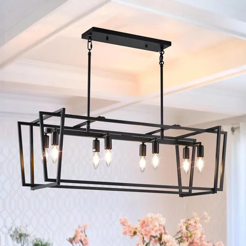 Miniatura 12 de Iluminación rústica de isla de cocina de granja, lámpara de 5 luces para comedor sobre mesa, lámpara de araña de madera rústica rectangular, lámpara