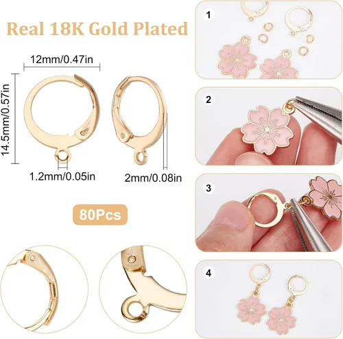 Miniatura 2 de SUNNYCLUE - 1 Caja de 80 Piezas de Ganchos para Pendientes de Tipo Palanca, Reales, Chapados en Oro de 18K, Acero Inoxidable, Aro Huggie, Redondo