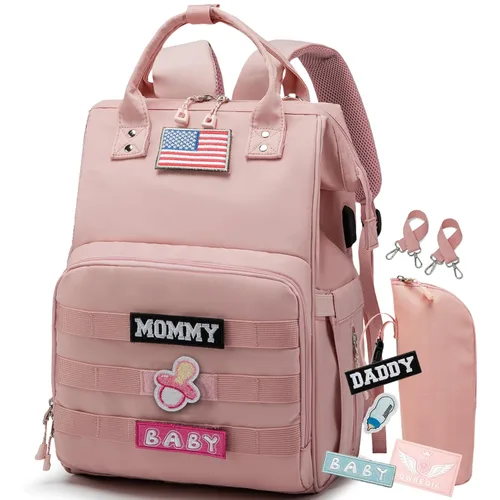 Miniatura 17 de Mochila para pañales con puerto de carga USB, correas para cochecito y bolsillo aislado, mochila militar del ejército de viaje para papá/mamá negro