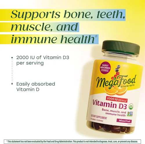 Miniatura 4 de MegaFood D3 1000 IU (25 mcg) - Suplemento de vitamina D para apoyo óseo, muscular e inmunológico, sin OMG, sin gluten, frutas mixtas, 70