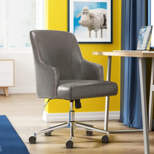 Miniatura 2 de Serta Leighton - Silla de escritorio para oficina en casa, elegante respaldo medio con clavos cromados, cojín de espuma viscoelástica y brazos