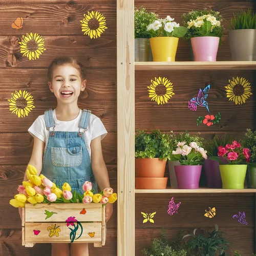 Miniatura 6 de Plantillas de 16 piezas para pintar girasol, mariposa, plantilla floral para primavera y verano, plantillas grandes reutilizables de pintura