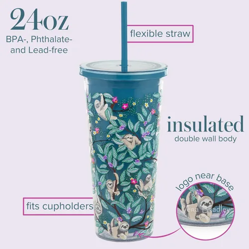 Miniatura 3 de Vera Bradley Vaso de viaje con tapa y pajilla, vaso aislado de 24 onzas, vaso de plástico de doble pared, diseño de perspectivas rosadas