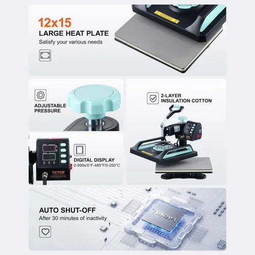 Miniatura 6 de VEVOR Máquina de Prensa de Calor 8 en 1 para Camisetas, Sombreros, Tazas, Platos - Máquina de Prensa de Camisas Abatible de 12x15 con Prensa
