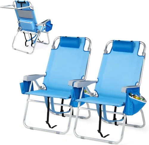 VINGLI Silla de Playa Alta Paquete de 2 Ligera, Silla de Playa Tipo Mochila para Adultos con 5 Posiciones, Bolsa Refrigeradora, Portavasos, Barra