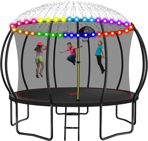 Miniatura 12 de Trampolín de 1500 libras, 10 pies, 12 pies, 14 pies, 15 pies, 16 pies, con luces LED, rociador, altavoz de música y calcetines, trampolín