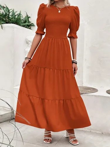 Miniatura 50 de BTFBM Vestidos para mujer, cuello redondo, casual, de verano, con volantes, manga corta, bohemio, con niveles, fruncido, largo, con estampado floral