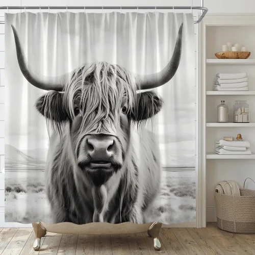 Miniatura 13 de Cortina de ducha con estampado de vaca, piel de vaca negra y blanca, divertida piel de granja de animales de granja, estilo occidental, tela Negro